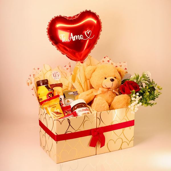 Cesta Te Amo dourada com ursinho, Nutella, Ferrero Rocher e balão coração