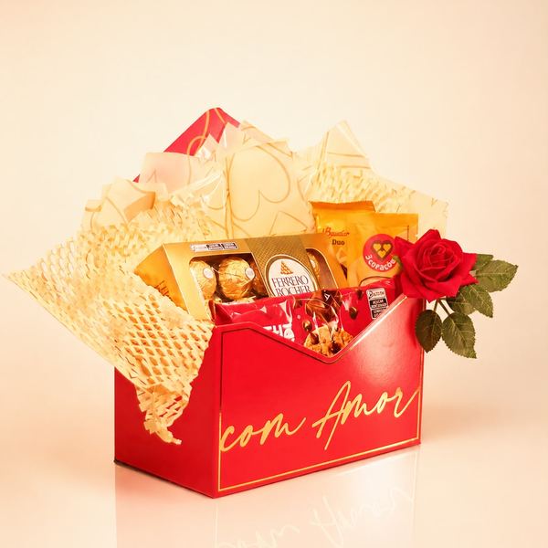 Cesta vermelha Com Amor com Ferrero Rocher, rosa vermelha e chocolates