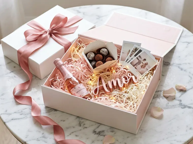 Box de presente romântico com espumante, palavra Amor em 3D e Polaroids