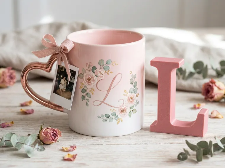 Caneca personalizada com alça de coração rose gold, tag Polaroid e letra 3D