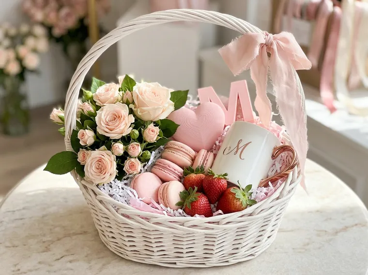 Cesta Doce Encanto com macarons, rosas, caneca personalizada e letra 3D