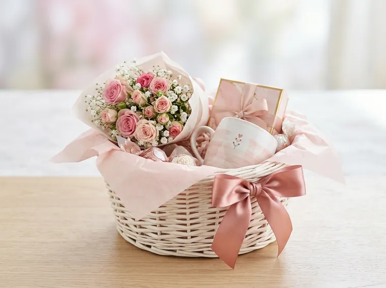 Cesta Lily Imperial rosé em vime branco com rosas, bombons, xícara personalizada e Polaroids