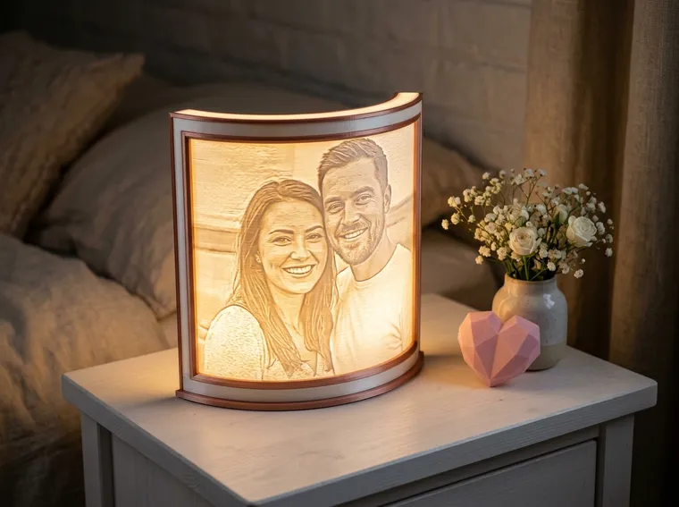 Luminária litofania 3D com foto personalizada iluminada e coração 3D