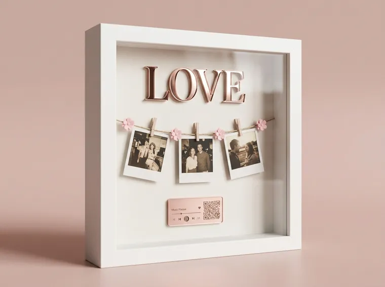 Quadro Shadow Box 3D LOVE com Polaroids suspensas e placa QR Code musical