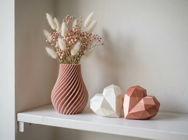 Trio decorativo 3D com vaso twist rosé, flores secas e corações facetados